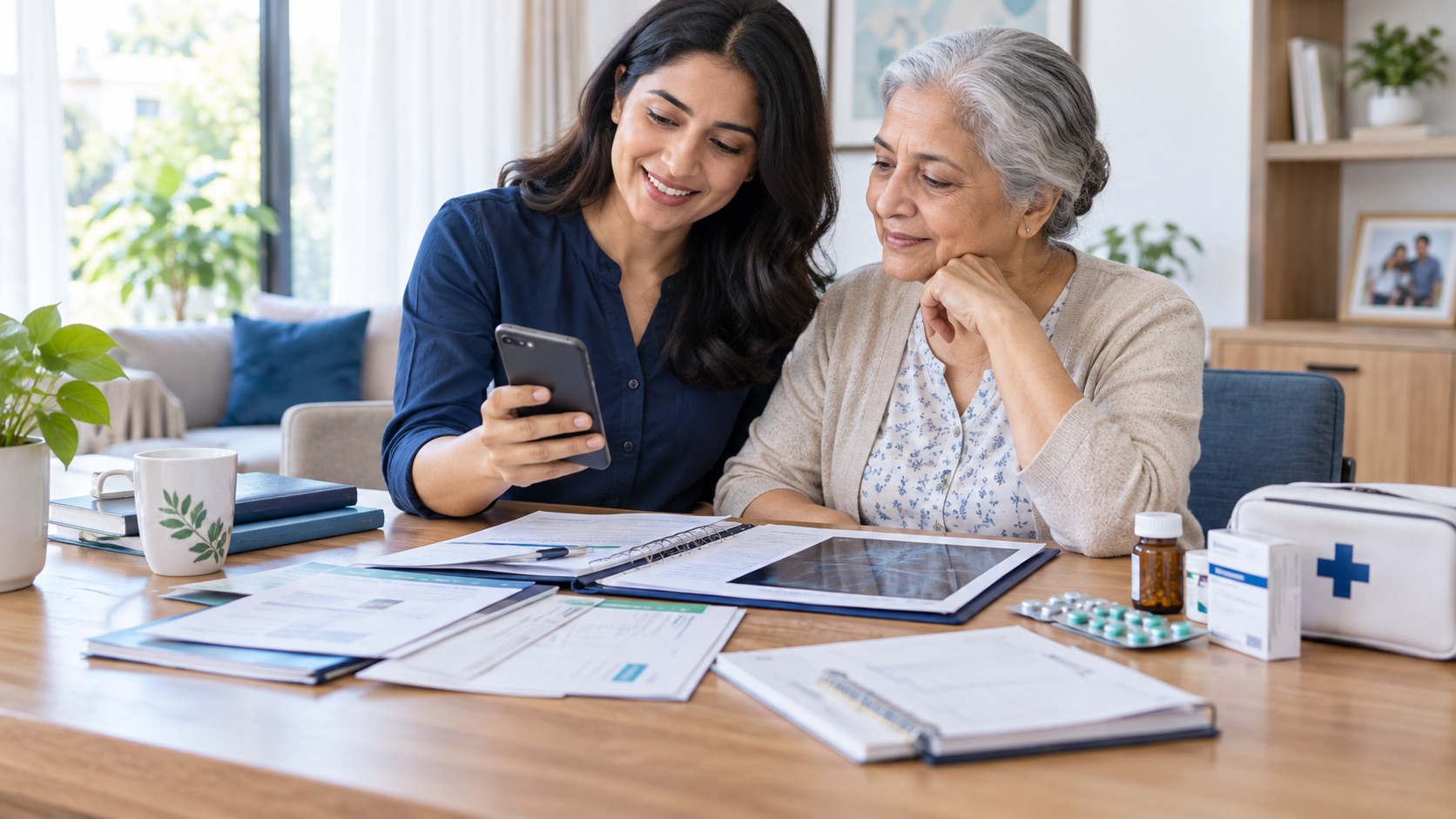 Family members preparing for care with health records organized on a table