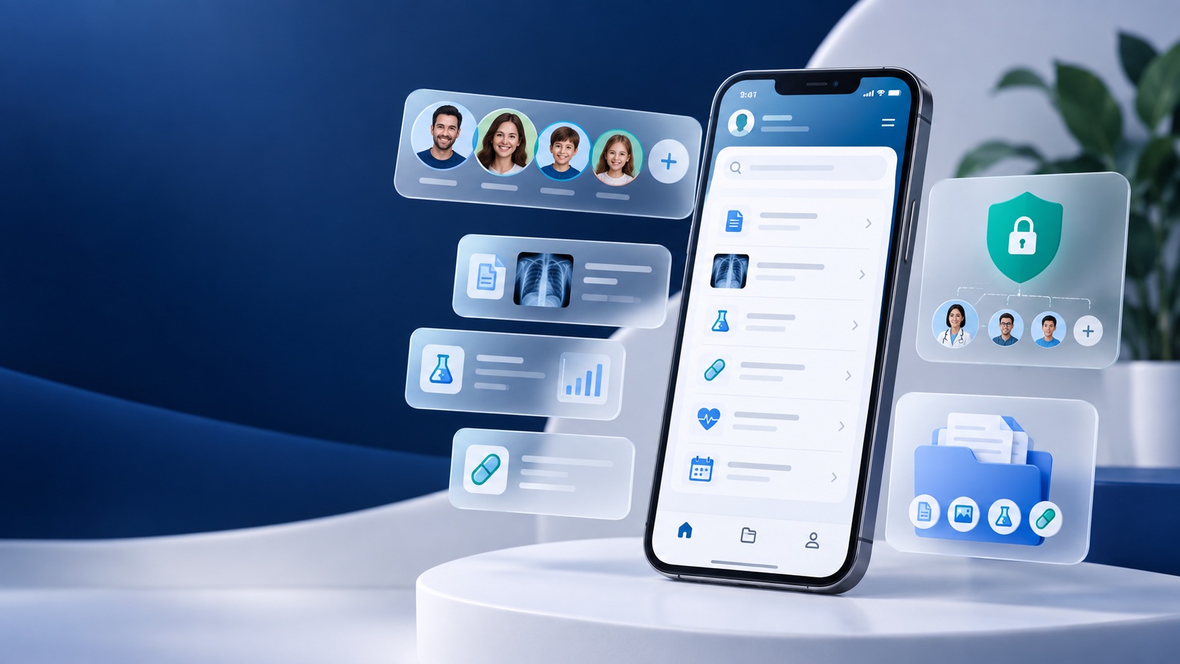 Medivano app mockup with organized family health records